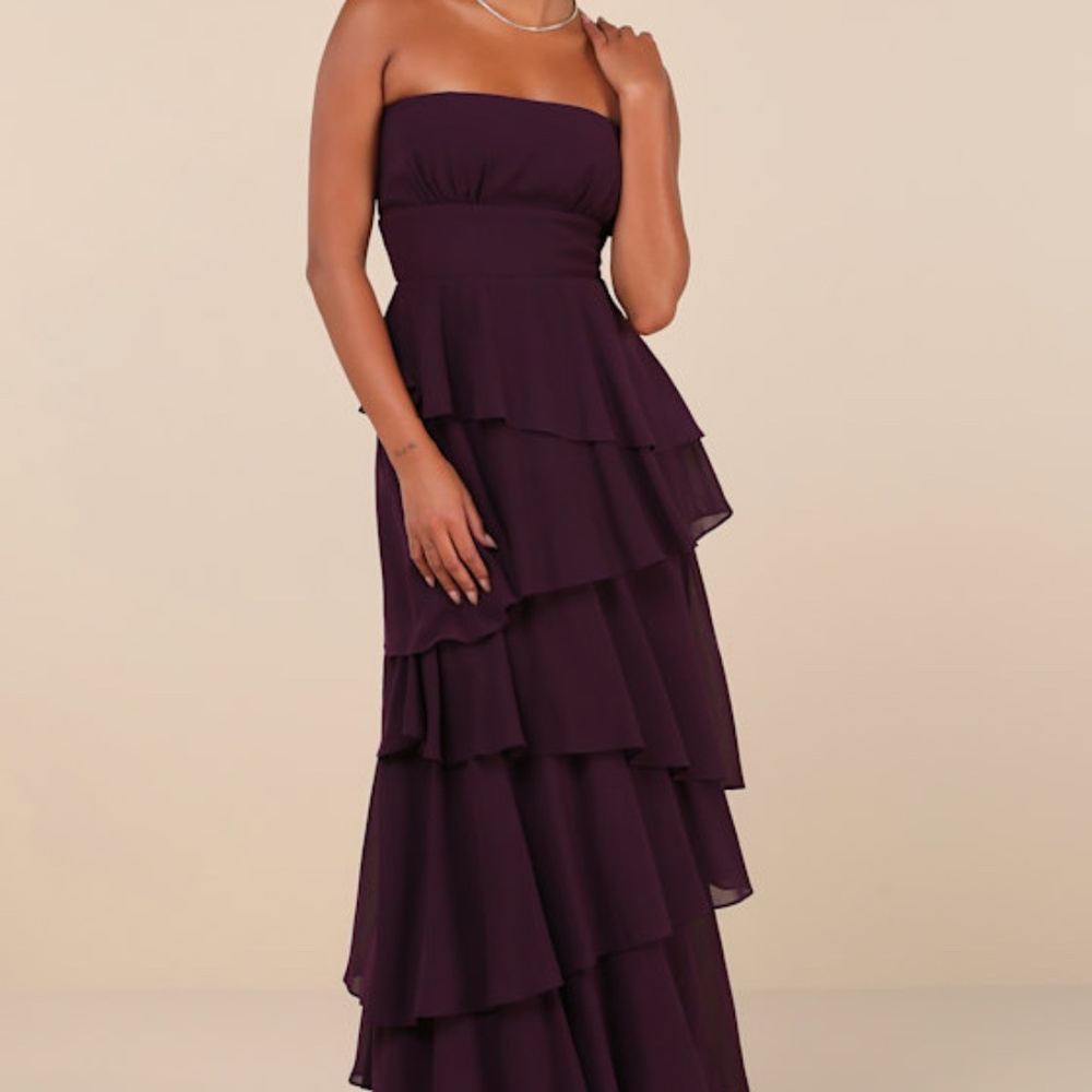 Lulus Gorgeous Essence Dark Purple Strapless Tiered Maxi Dress - Size M